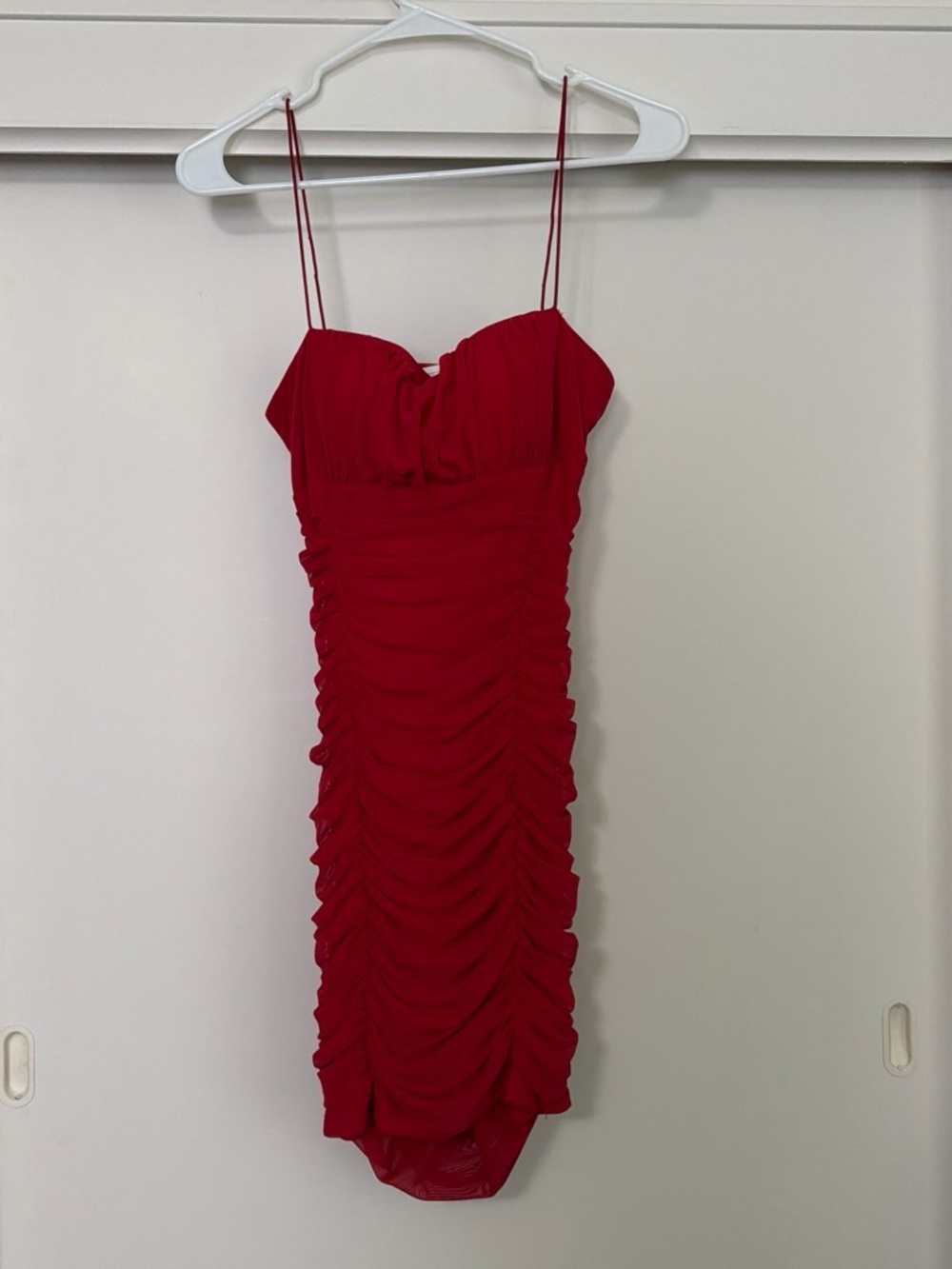 Red Ruched Spaghetti Strap Mini Dress